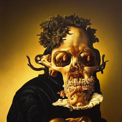 Image similar to refined gorgeous blended oil painting with black background by christian rex van minnen rachel ruysch dali todd schorr of a chiaroscuro portrait of an extremely bizarre disturbing mutated man with shiny skin acne dutch golden age vanitas intense chiaroscuro cast shadows obscuring features dramatic lighting perfect composition masterpiece