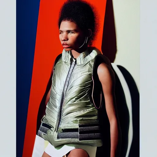 Image similar to realistic photoshooting for a new balenciaga lookbook, color film photography, portrait of a beautiful woman, model is wearing techtical vest, bjork aesthetic, highly detailed, photo in style of tyler mitchell, 3 5 mm,