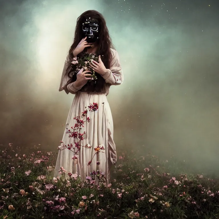 Image similar to The full body shot of delicate renaissance beautiful pale woman with many flowers and full-face black mask with glowing halo, a thick black smoke in rocky desert landscape, glowing eyes, falling star on the background, burning earth by Christopher Doyle, Gaspar Noe, Tarkovsky, Alejandro Jodorowsky, anamorphic lens, volumetric lighting, global illumination, physically based rendering, photorealistic, top light, cinematic composition, award winning photo, 8k