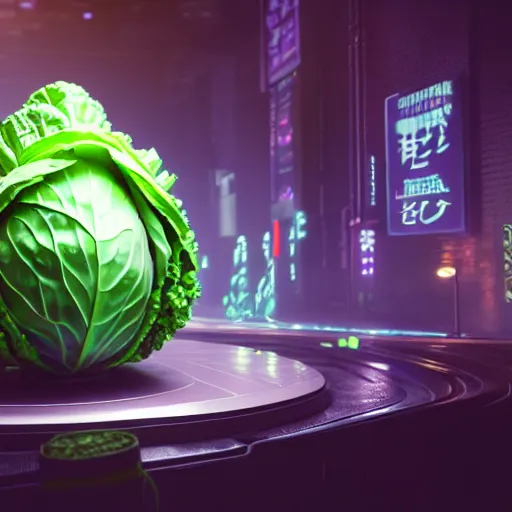 Image similar to high quality 3 d render very cute cyborg cabbage! cabbage leaves as dollars!! kale! incorporated speakers!, cyberpunk highly detailed, unreal engine cinematic smooth, in the style of blade runner & detective pikachu, hannah yata charlie immer, moody light, low angle, uhd 8 k, sharp focus