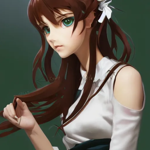 Image similar to full body of a beautiful kill la kill high school girl, brown hair, ponytail, white ribbon, green eyes, full perfect face, western, fantasy, intricate, elegant, highly detailed, digital painting, artstation, detailed school background, matte, sharp focus, illustration, art by Artgerm, Greg Rutkowski, Alphonse Mucha, Sasoura, Satchely, no distorsion