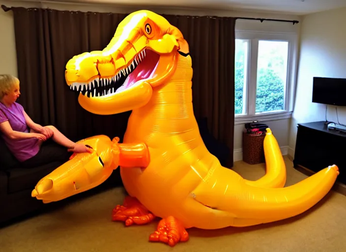 Image similar to Tyrannosaurus Rex doll being inflated to fill the living room. T-rex balloon growing to life size. Air pump, air hose, air nozzle, air tank.