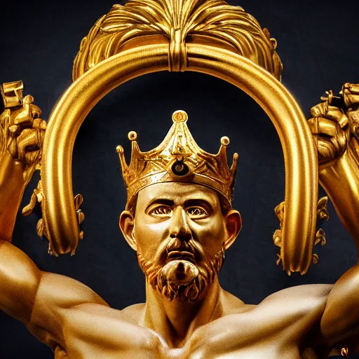 Image similar to portrait of jeff bezos in the form of a giant greek statue in pure gold, with a gold crown, baroque elements in the background, museum. intricate artwork by michelangelo. photorealistic. ultra detailed. flash. octane render. cinematic. 4 k bokeh.