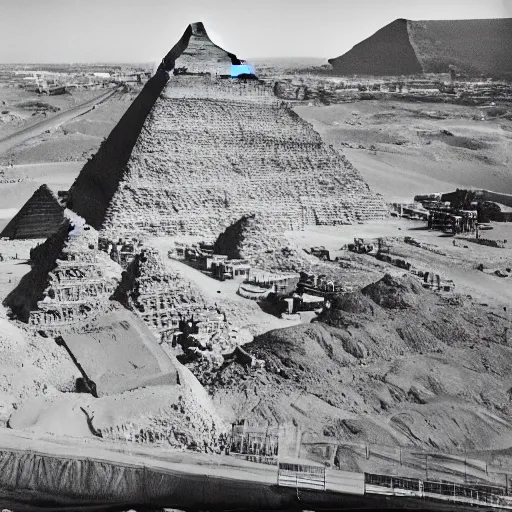 Image similar to a photograph of the great pyramid of giza at the early stages of construction with scaffolding and workers, dslr high resolution