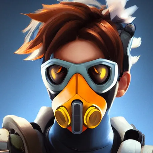 Image similar to overwatch tracer wearing a cyber gas mask, digital art, pretty face, very beautiful face, very detailed eyes, ultra detailed, by woop, greg rutkowski,