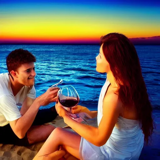 Prompt: one young man and one young woman drinking wine on a beach at sunset, beautiful colors, amazing landscape, painting