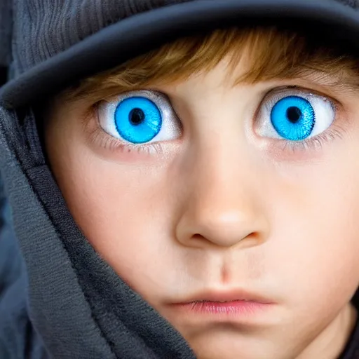 Prompt: detailed portrait of a boy with light blue eyeswearing a black cap, realistic and detailed eyes, intricate photo, incredibly highly detailed and realistic, 8 k, sharp focus