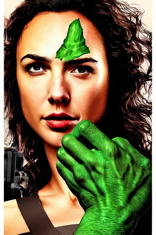 Prompt: gal gadot as the hulk, illustrated movie poster