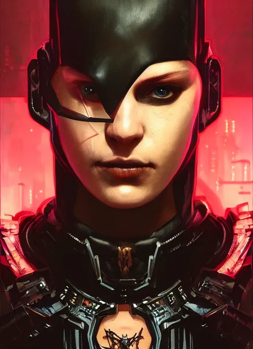 Image similar to portrait of the dark knight as a character in Cyberpunk 2077, looking at camera, intricate, dystopian, sci-fi, extremely detailed, digital painting, artstation, concept art, smooth, sharp focus, illustration, intimidating lighting, incredible art by artgerm and greg rutkowski and alphonse mucha and simon stalenhag