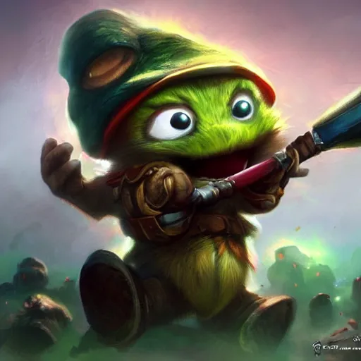 Prompt: teemo from league of legends, epic scene, paint by Raymond Swanland