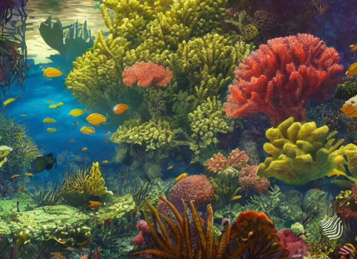 Image similar to overgrown foliage overtaking favela, underwater, colorful coral reef, scenery, professional, award - winning, trending on artstation, detailed, realistic, beautiful, emotional, shiny, golden, picture