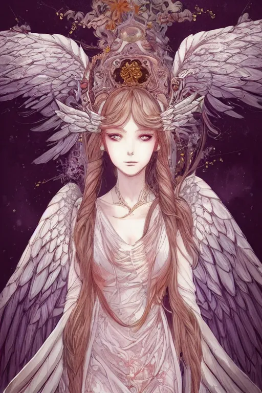 Prompt: Portrait of beautiful anime maiden with angelic wings, intricate, elegant, highly detailed, artstation, concept art, illustration, art by Sakimichan, Katsuya Terada