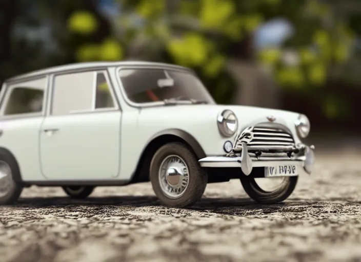 Image similar to a small miniature of a Mini Cooper S 1963 on a white table near a vase with a plant, 3d render, octane render, unreal engine 5, path tracing, serene landscape, calm, relaxing, beautiful landscape, highly detailed, high quality, 4k, symmetrical, low contrast