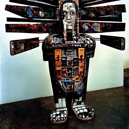 Prompt: A Mayan cyborg, by Nam June Paik, Man Ray, Annie Liebovitz