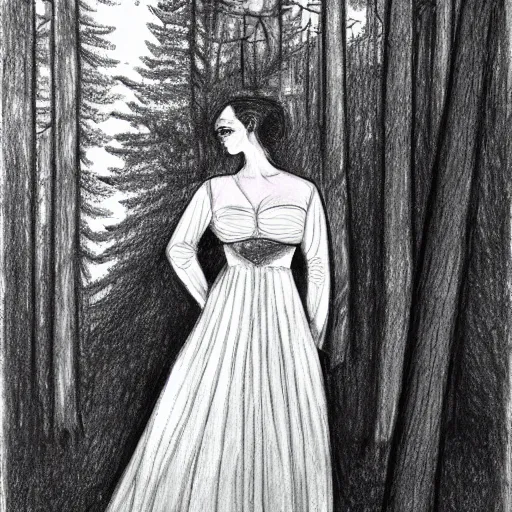 Image similar to a drawing of a woman in a white dress in a forest