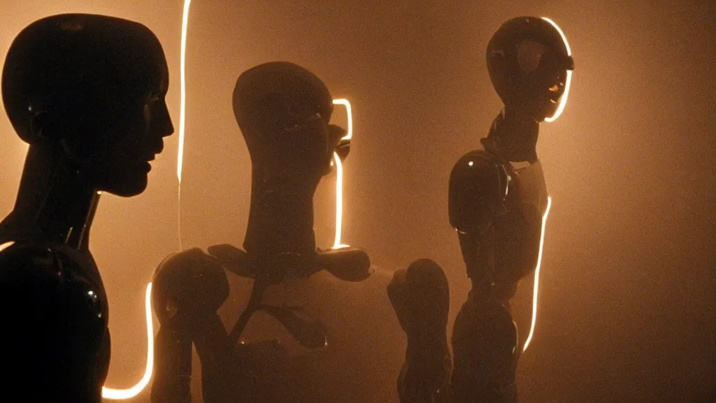 Image similar to movie still of a man transforming into a robot, cinematic composition, cinematic light, by david lynch and gaspar noe and ridley scott