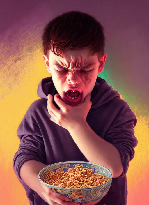 Image similar to moody portrait of a young boy sobbing uncontrollably because he has no more cereal in his bowl, tragedy, path traced, environment, highly detailed, high quality, digital painting, alena aenami, lilia alvarado, shinji aramaki, karol bak, alphonse mucha, tom bagshaw