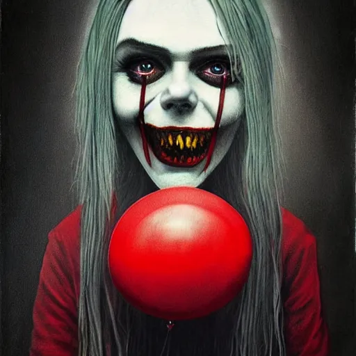 Image similar to grunge painting of a billie eilish with a wide smile and a red balloon by Zdzisław Beksiński, loony toons style, pennywise style, corpse bride style, rick and morty style, creepy lighting, horror theme, detailed, elegant, intricate, conceptual, volumetric light