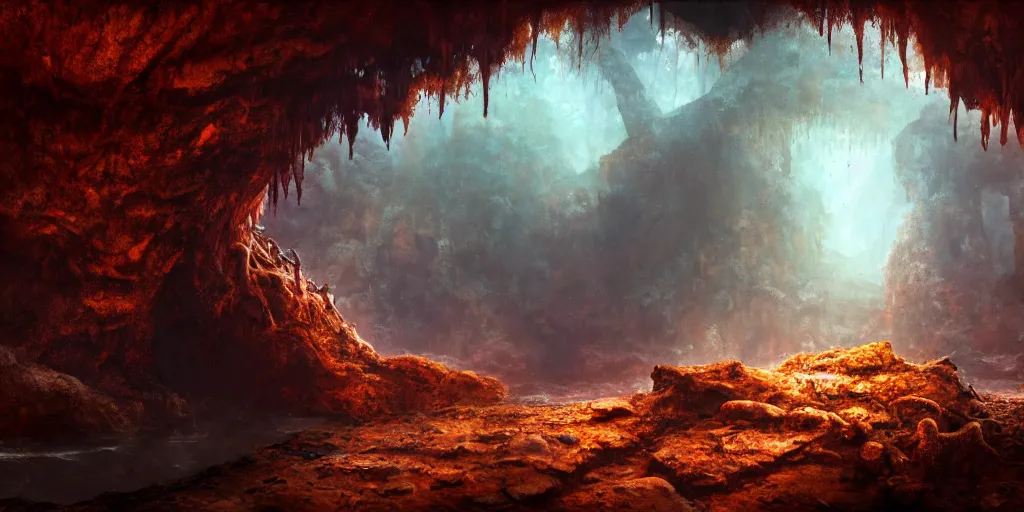 Image similar to a rusted cave mouth in the jungle, retrofutistic matte oil painting, science fantasy, chrome, salt, rpg, epic, extremely detailed, sharp focus, 4 k