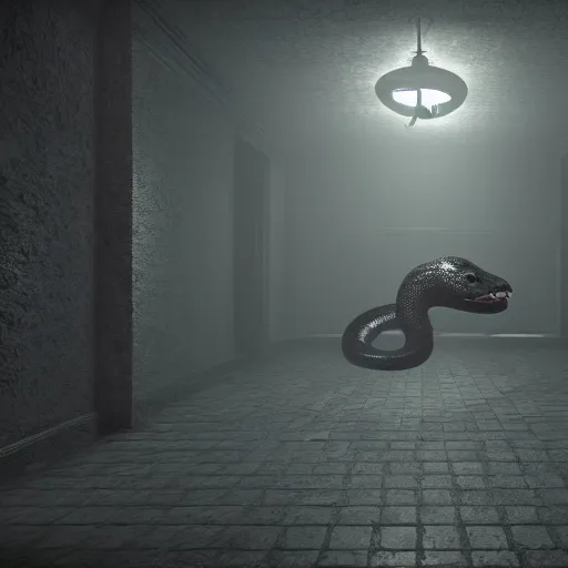 Prompt: A dark room with a large colored snake in the center of it, horror, creepy, unsettling, dark fantasy, mysterious, strange, unreal engine, depth of field