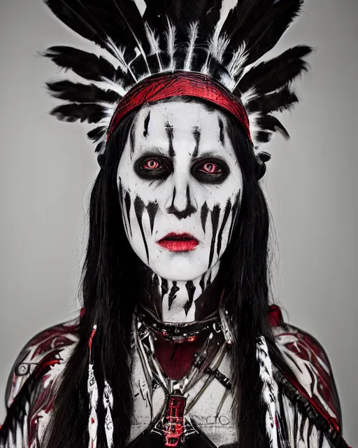 Image similar to lady native sisters ghost - spirit of the grim - warpaint wears the scarlet skull armor and native blood headdress feathers, midnight fog - mist!, cinematic lighting, various refining methods, micro macro autofocus, ultra definition, award winning photo, photograph by ghostwave - gammell - giger - shadowlord