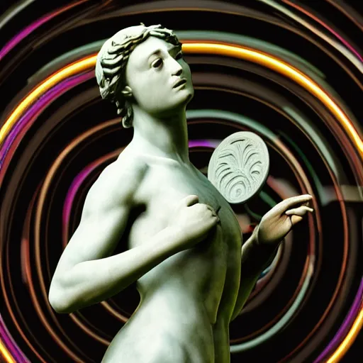 Image similar to a renaissance statue surrounded by a neon ring 3 d render, black background, ray tracing, 8 k resolution, shar focus, hyper detailed, hyper realistic