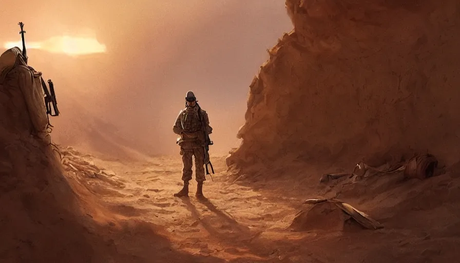 Image similar to beautiful digital painting of a soldier in a trench waiting for the war to end, in the sahara desert. cinematic lighting, atmospheric, emotions, concept art by greg rutkowski,