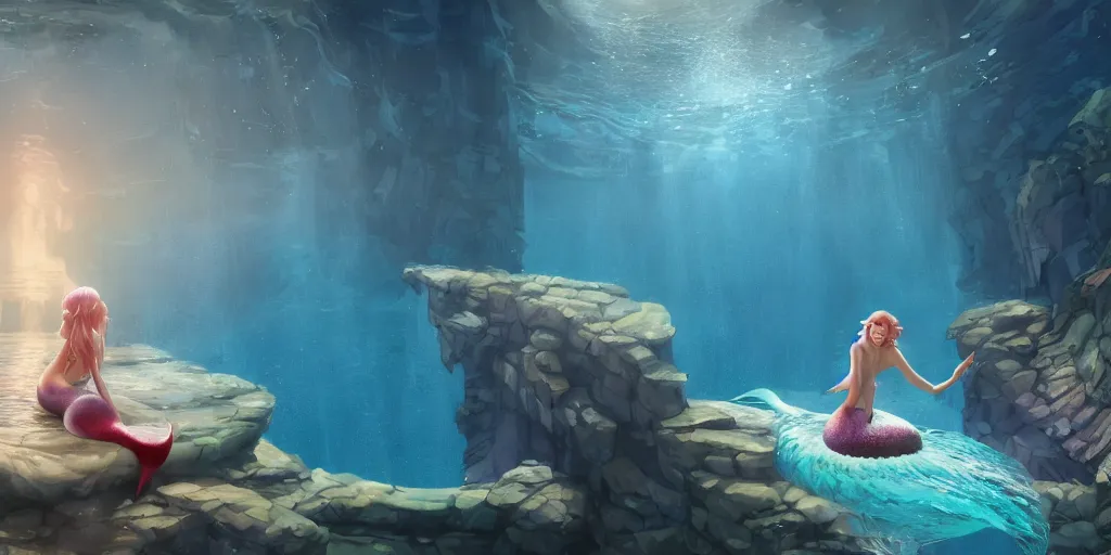 Prompt: animation key shot of a young mermaid swimming in an elegant palace bedroom sunken in the ocean, studio ghibli, pixar and disney animation, sharp, rendered in unreal engine 5, anime key art by greg rutkowski, bloom, dramatic lighting