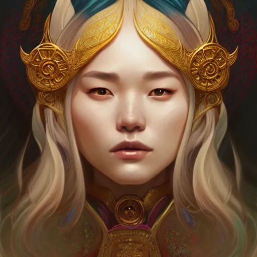 Prompt: Portrait of a female wizard, korean face features, fantasy, intricate, elegant, highly detailed, digital painting, artstation, concept art, smooth, sharp focus, illustration, art by Sam Youn and Fernanda Suarez and Artem Demura and alphonse mucha
