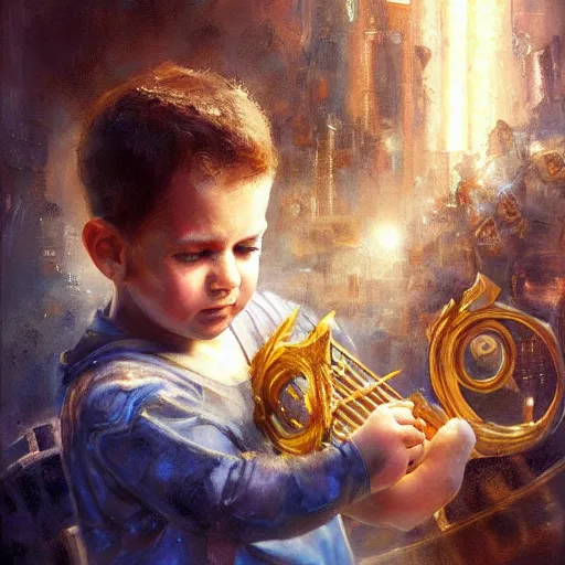 Image similar to stunning portrait of 3yo greek argonaut Orpheus playing the golden lyre, painting by Raymond Swanland, cyberpunk, sci-fi cybernetic implants hq