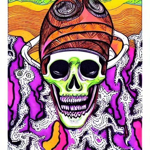 Image similar to colorful illustration of skull, by kezie demessance and junji ito