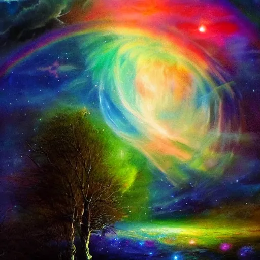 Image similar to the ghost of the world tree radiates rainbow light into the dark cosmos, epic painting, romanticism, atmospherics