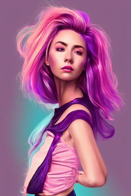 Image similar to a award winning half body porttrait of a beautiful woman in a croptop with ombre purple pink teal hairstyle with head in motion and hair flying, outrun, vaporware, shaded illustration, digital art, trending on artstation, highly detailed, fine detail, intricate