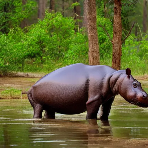 Image similar to a happy hippopotamus in a forest of cedar trees, realistic, photograph, high quality