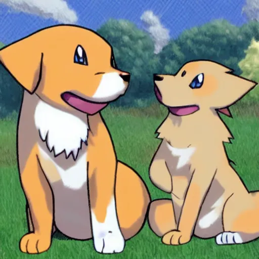 Prompt: golden retriever high fiving 3 gray and white cats in pokemon art style