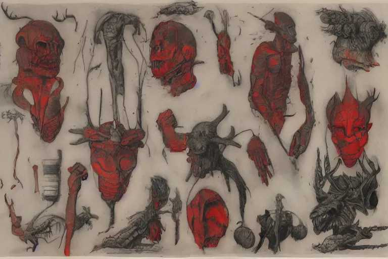 Prompt: tattoo flash sheets, dorohedoro vibes, in the style of beksinski, parts by edward hopper, parts by michael sowa, parts by yue minjun, intricate composition, red by caravaggio, highly quality, highly detailed, masterpiece, red light, artstation, 4 k