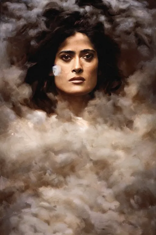 Prompt: 4k Detailed portrait by John Singer Sargent of Salma Hayek shrouded in a cloud of smoke