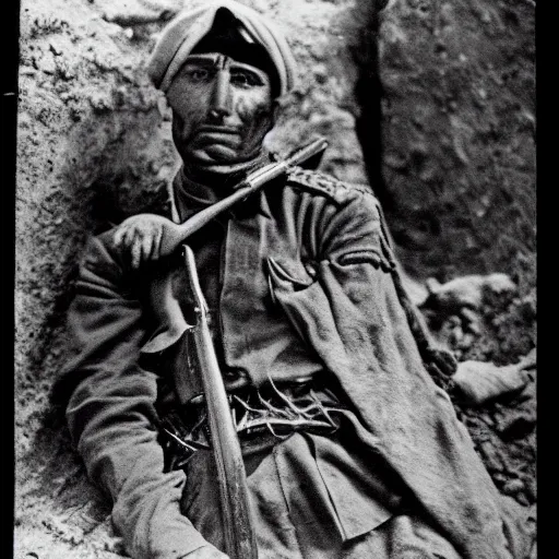 Image similar to Kurdish soldier, ww1 trench, war photo, film grain, award winning photo