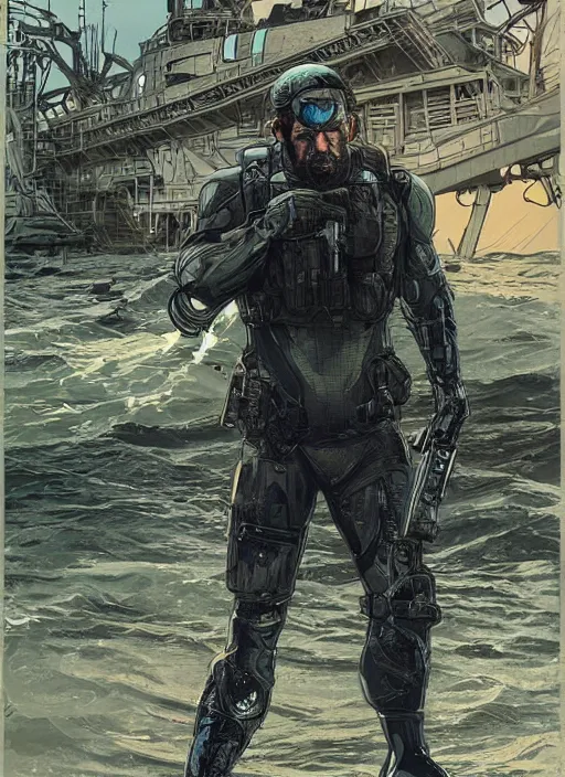 Prompt: the punisher. USN blackops operator emerging from water at the shoreline. Operator wearing Futuristic cyberpunk tactical wetsuit and looking at an abandoned shipyard. Frogtrooper. rb6s, MGS, and splinter cell Concept art by James Gurney, Alphonso Mucha. Vivid color scheme.