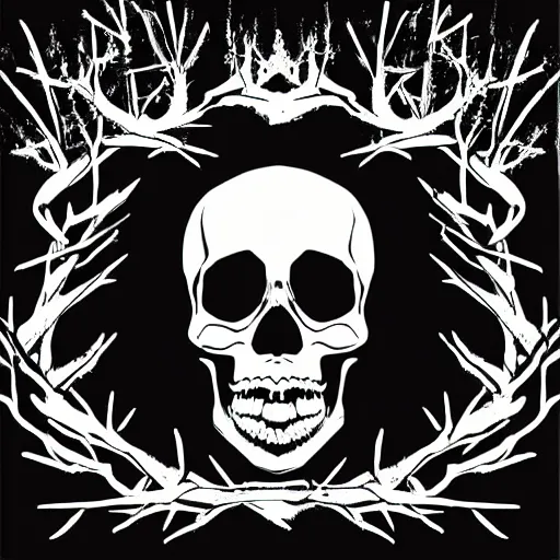 Image similar to dark death metal themed vector illustration for a record label, trees. forest, spikes, skull, microphone, skull, award winning, grunge, iconic, golden ratio