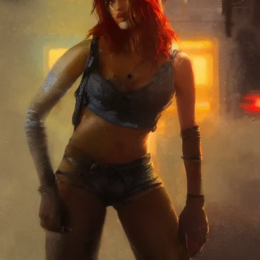 Image similar to bella thorne wearing crop top, hyperrealistic full figure, bladerunner street alley, art of elysium by frank frazetta and by jeremy mann, fantasy art, photo realistic, dynamic lighting, artstation, full figure poster, volumetric lighting, very detailed face, 4 k, award winning