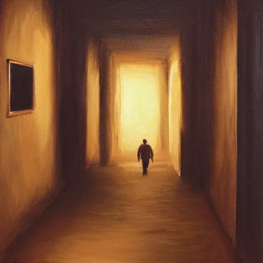 Prompt: a dungeon hallway with a single torch on the wall. a man is walking in the hallway, oil painting