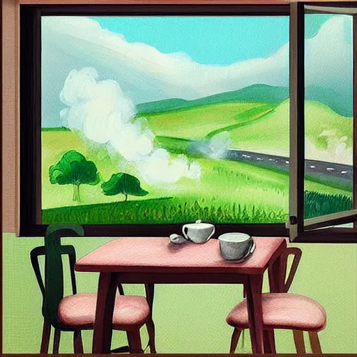 Image similar to “ nostalgic painting of a breakfast table with a steaming cup of coffee and a newspaper. the window behind it shows a green idyllic hill with a road on it, and families walking to school. realistic style. ”