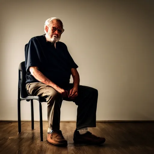 Image similar to a full shot of an old man sitting in the corner of a dimly lit room