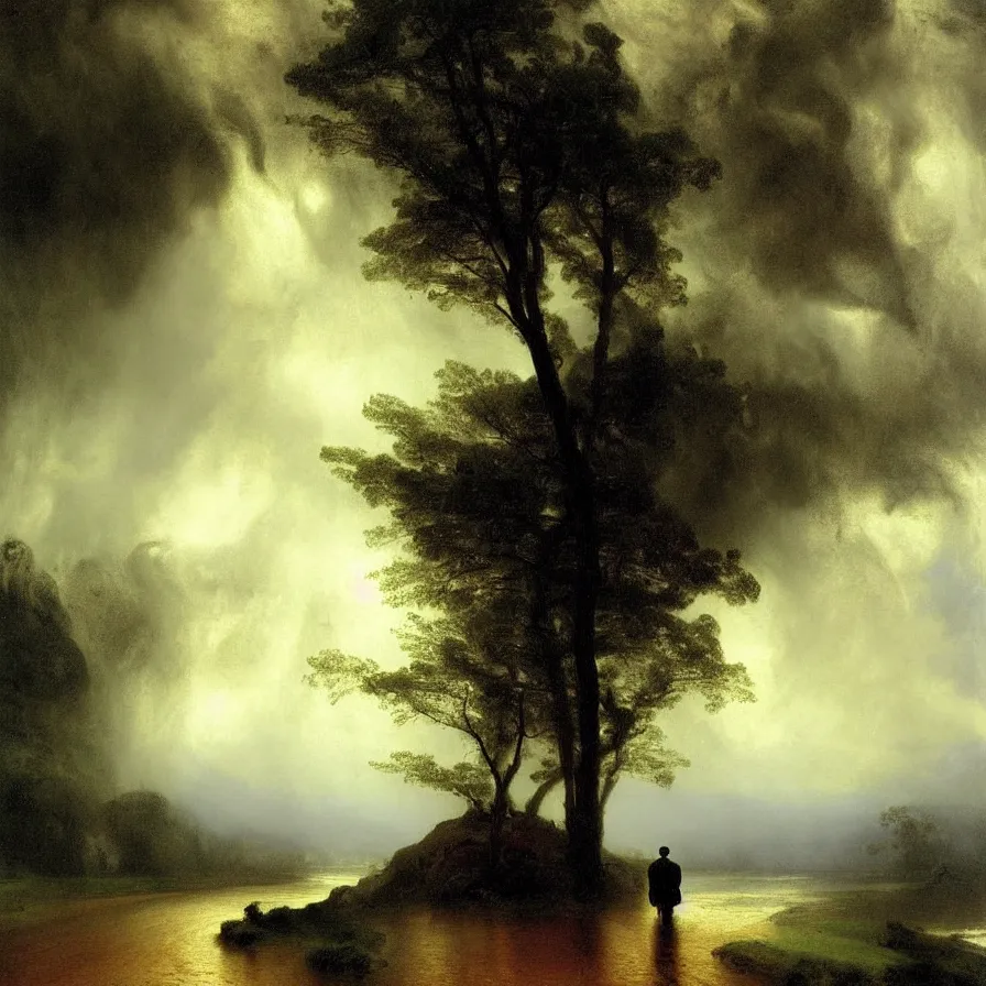 Prompt: artwork about a lonely man during a rainstorm, rainy day, painted by thomas moran and albert bierstadt. monochrome color scheme.