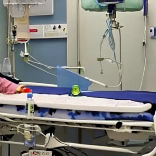 Image similar to clown in four point restraints in hospital bed, nurse preparing medications