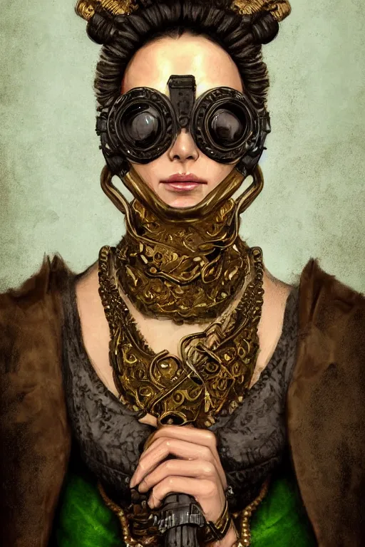 Prompt: portrait, headshot, digital painting, of a 17th century, beautiful, middle aged, middle eastern, wrinkles, decadent, cyborg noble woman, dark hair, gasmask, amber jewels, baroque, ornate dark green opulent clothing, scifi, futuristic, realistic, hyperdetailed, concept art, chiaroscuro, Waterhouse style