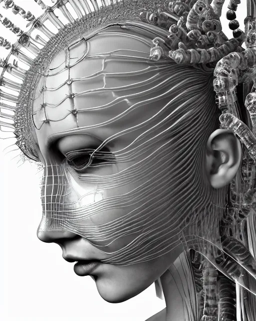 Image similar to mythical dreamy black and white organic bio-mechanical spinal ribbed profile face portrait detail of translucent steampunk bio-mechanical beautiful female angelic-human-queen-vegetal-cyborg, highly detailed, intricate crystal jelly ornate, poetic, 3D render, digital art, octane render, 8K artistic photography, photo-realistic, by Dora Maar