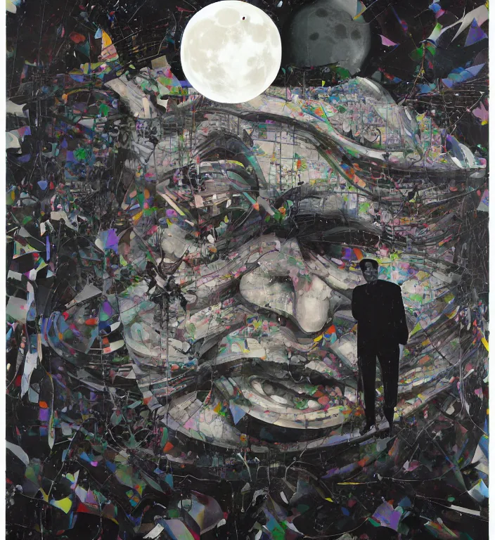 Image similar to decollage painting old white - headed man under the huge moon on a street of ruined city by adrian ghenie and takato yamamoto and edward hopper and mark ryden and tsutomu nihei, part by bridget riley, acrylic pour and splashing paint, very coherent, baroque elements, perfect anatomy, intricate design. pop art.