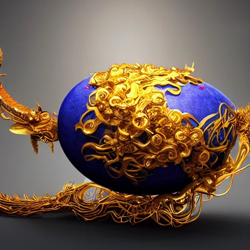 Prompt: an elaborate glowing red and blue dragon egg emerging from the blossom of a metallic gold flower with tendrils of gold wrapping around the egg, fantasy concept art